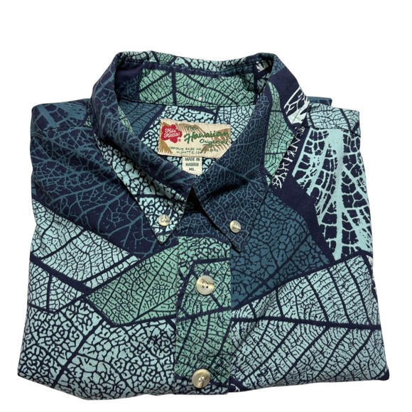 Hilo Hattie Other - Hilo Hattie Polo Shirt XL Blue Teal Leaf Vein Geometric Made in Hawaii Aloha